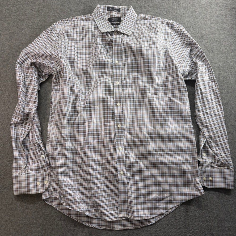 Nordstrom Mens Shop Smartcare Trim Fit‎ Dress Shirt 17 36-37 Blue Brown Check